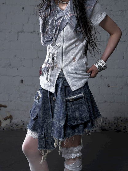 Hooded washed denim shirt dress skirt【s0000012784】