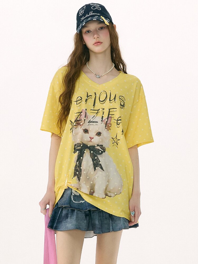 Loose Polka Dot Cat Print T-Shirt【s0000016857】