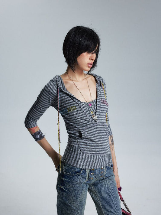 Asymmetrical Raw Edge Stripe T【s0000017008】