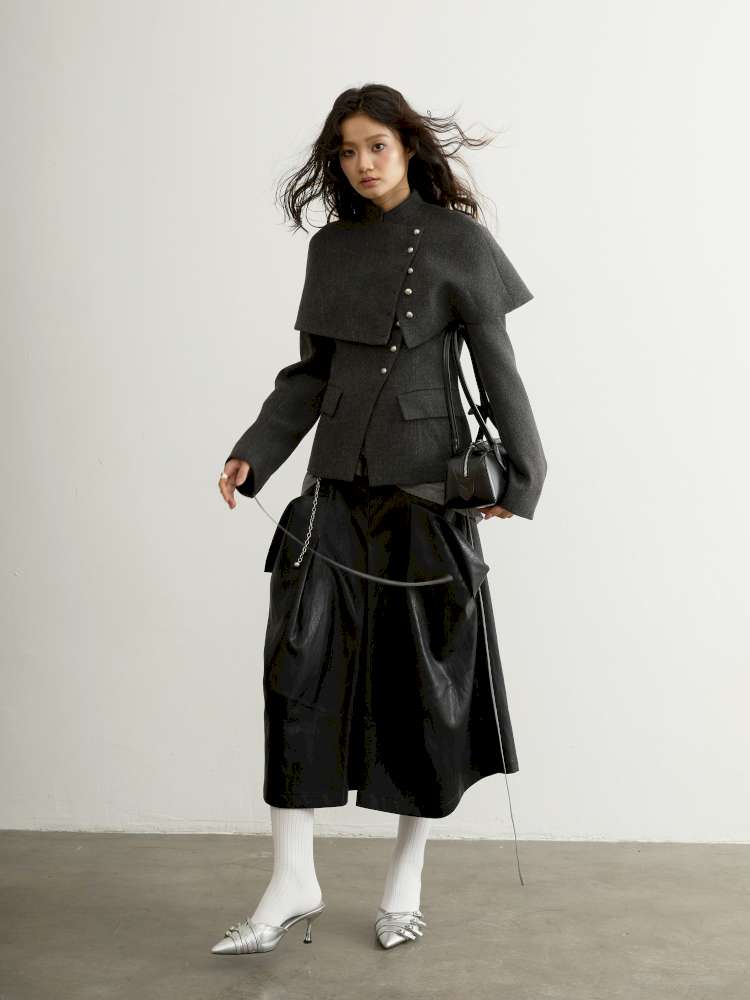 Removable Cape Gray Tweed Coat【s0000015192】