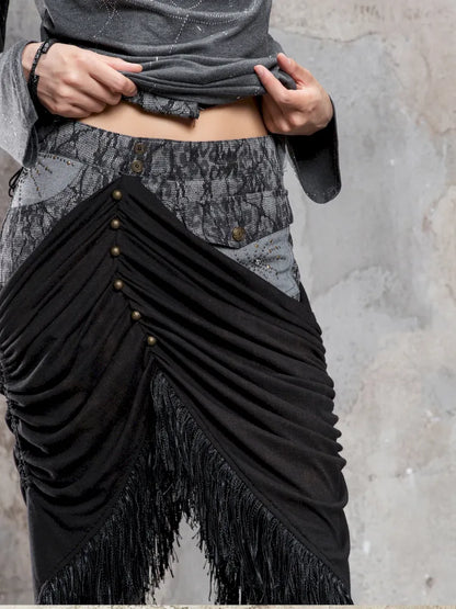 Asymmetric Knit Patchwork Drawstring Skirt【s0000014125】