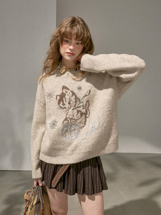 Playful Kitten Round Neck Long Sleeve Sweater【s0000014402】