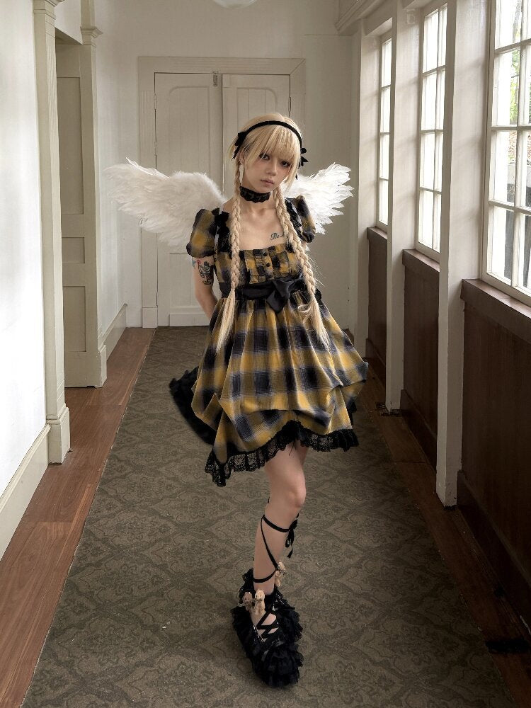 Plaid Puff Sleeve Lantern Dress【s0000016892】