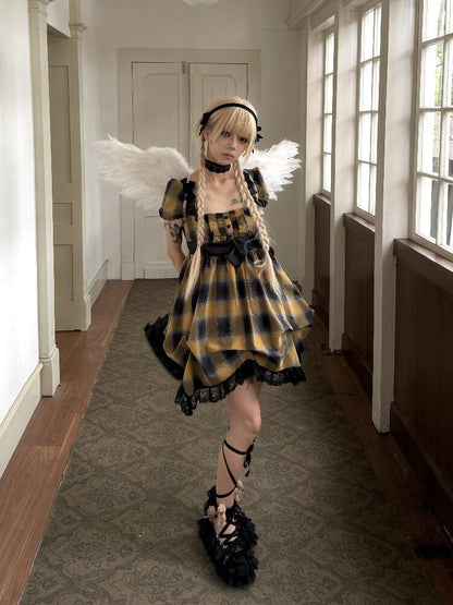 Plaid Puff Sleeve Lantern Dress【s0000016892】