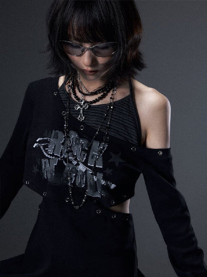 Punk Striped Halter Long-Sleeve T【s0000018003】
