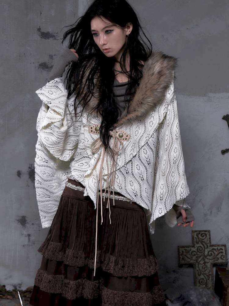 Knit Fur Collar Shawl Cape【s0000014659】