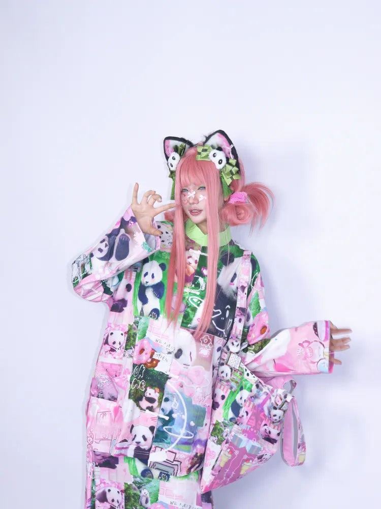 Panda Collage Print Stand Collar Long-Sleeve Top【s0000013981】