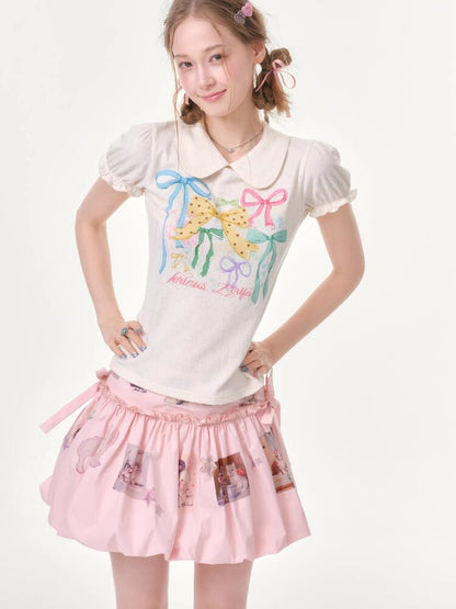 Puff Sleeve Bow Print T-Shirt【s0000016617】