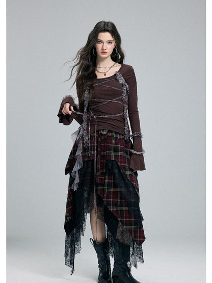 Damaged Plaid Lace Irregular Skirt【s0000016263】