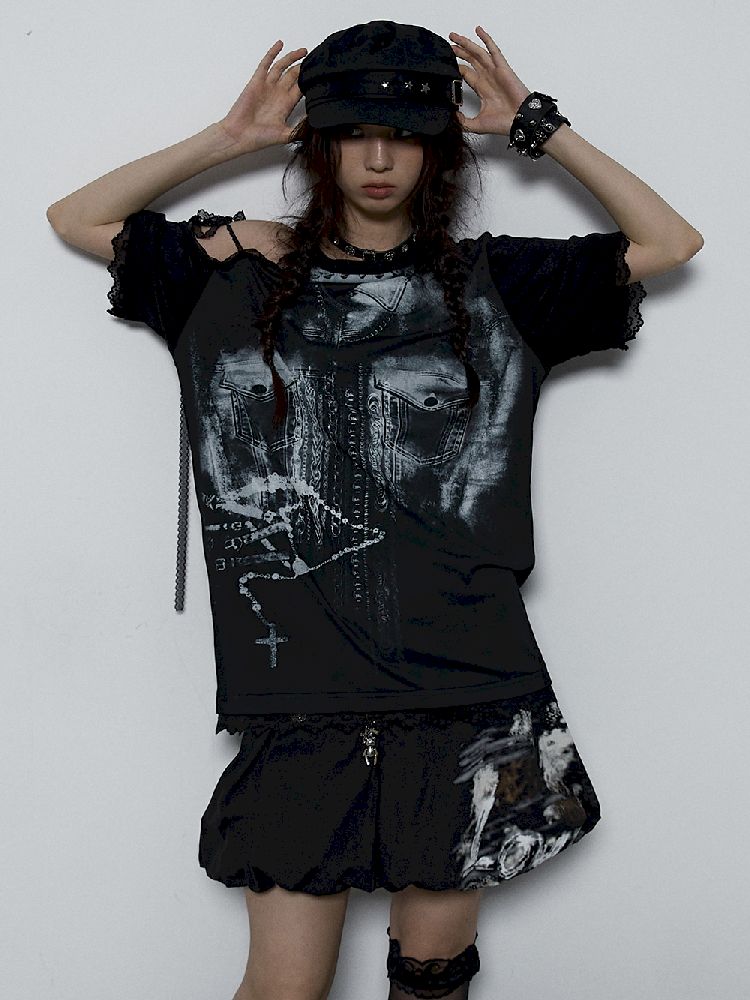 Spliced Lace Strapless Loose Slim Short Sleeve T-Shirt【s0000009383】