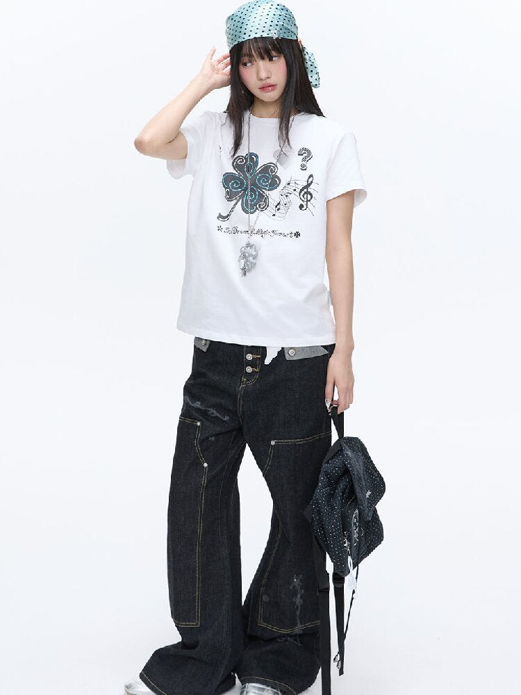 White Melody Shoulder Sleeve T-Shirt【s0000016381】