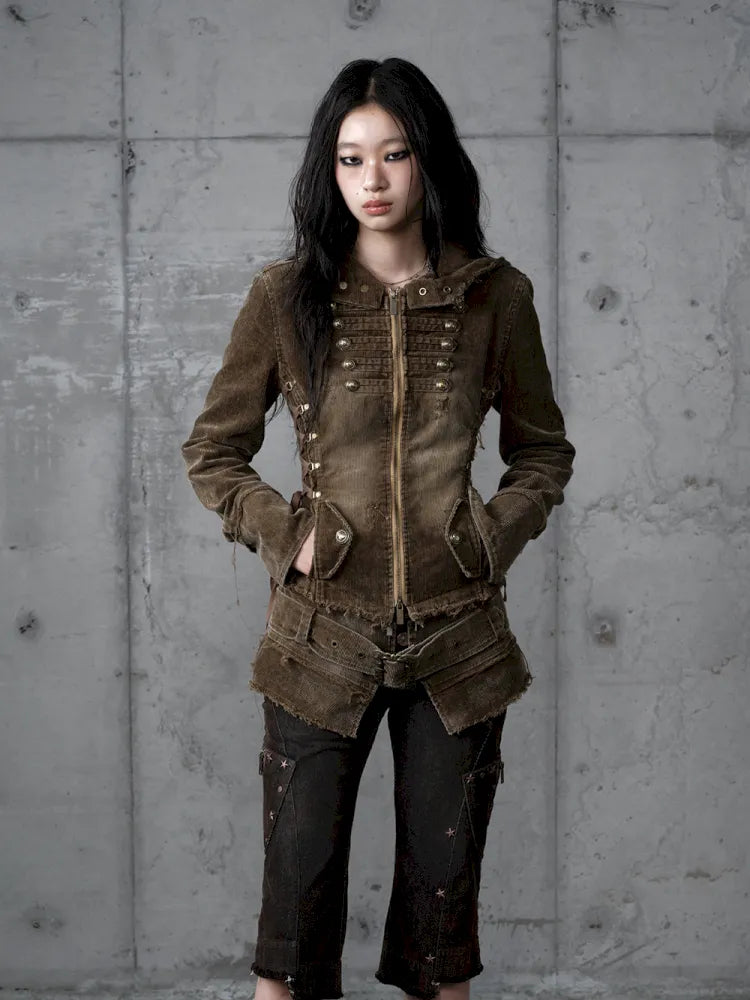 Corduroy Detachable Slim-Fit Hooded Jacket【s0000013952】