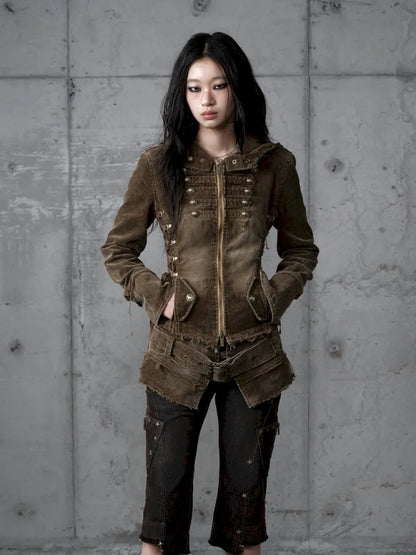 Corduroy Detachable Slim-Fit Hooded Jacket【s0000013952】