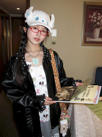 Lace-Trimmed Oversized Leather Jacket【s0000014167】