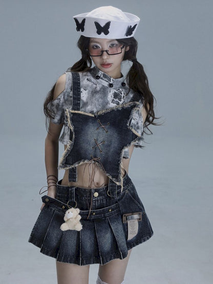 Washable gal niche denim bib culottes【s0000013490】