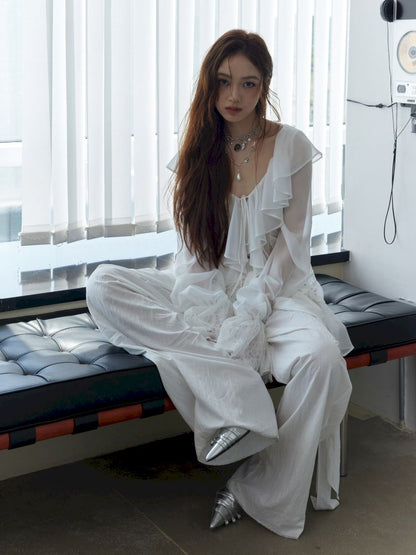 Ruffled airy skin sheer white shirt【s0000013225】