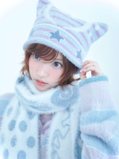 Blue White Polka Dot Mink Fringe Scarf【s0000014690】