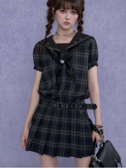 Street Academy Plaid Sailor Collar Dress【s0000017287】