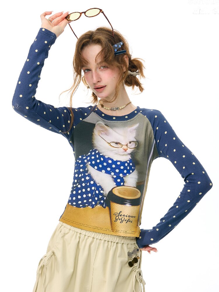 Navy Polka Dot Cat Print Shirt【s0000017894】