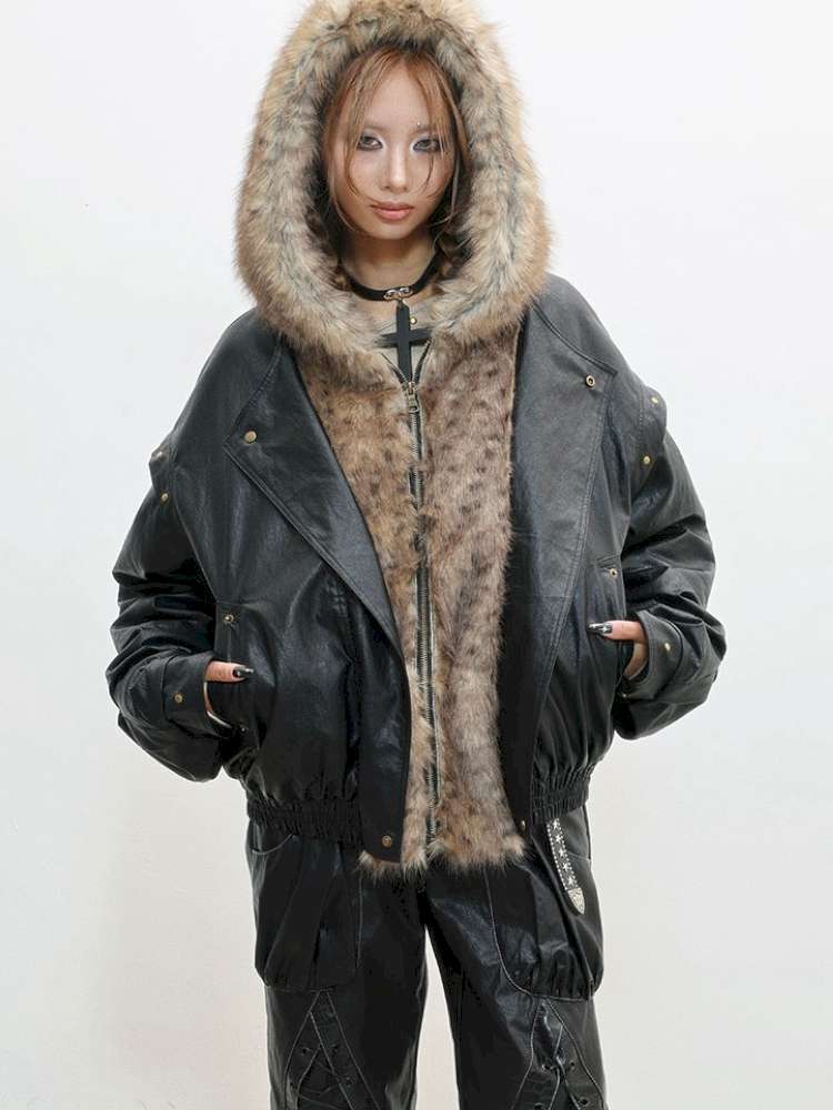 Fur Patchwork Flight Leather Jacket【s0000014838】