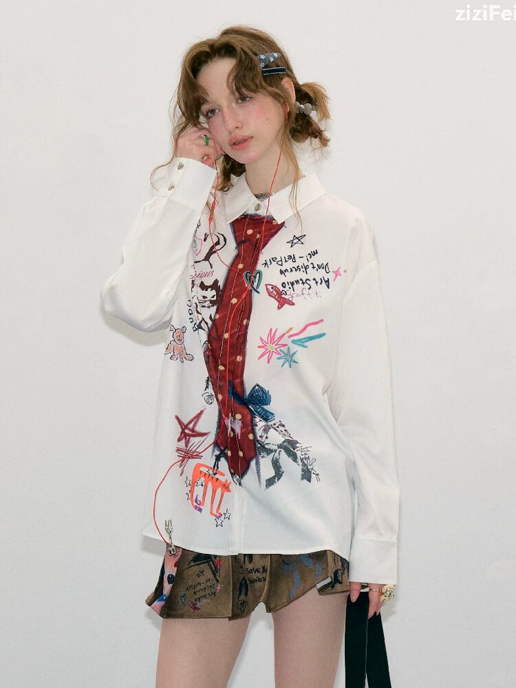 Graffiti Print Long Sleeve Shirt【s0000017890】