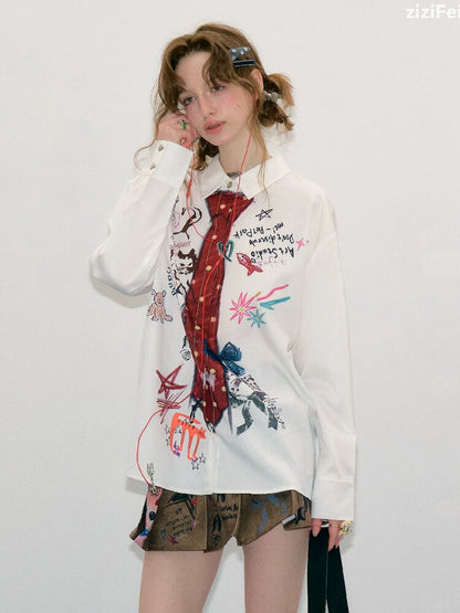 Graffiti Print Long Sleeve Shirt【s0000017890】