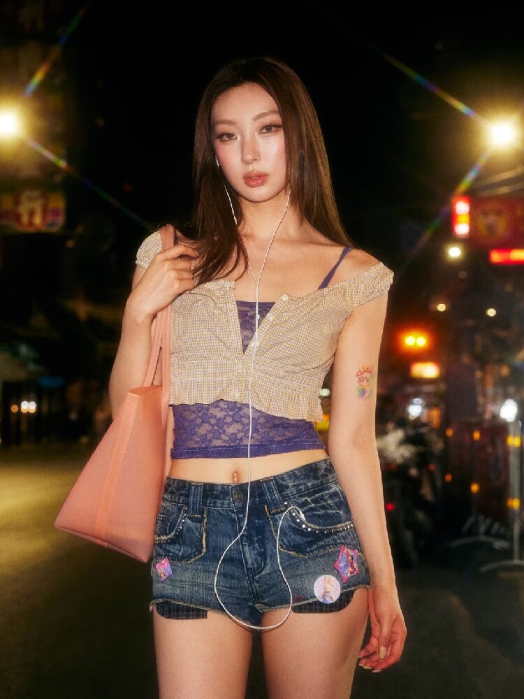Riveted Plaid Fabric Denim Shorts【s0000017427】