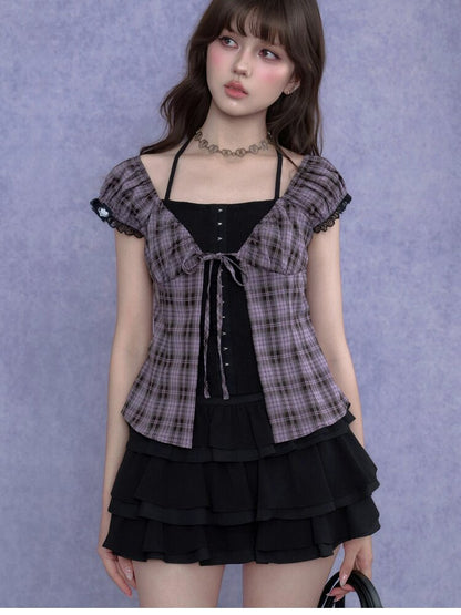 Plaid Waist Halter Two Piece Top【s0000017280】