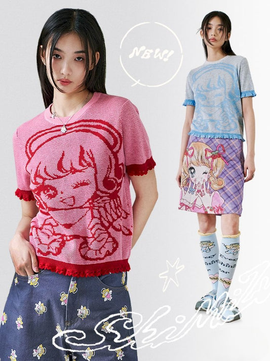 Angel Pattern Short Sleeve Knit T-Shirt【s0000012359】