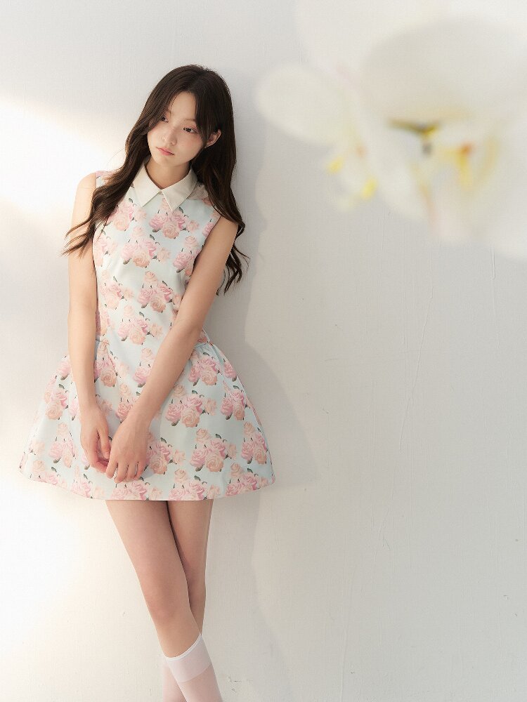 Satin Rose Print Puff Sundress【s0000016877】