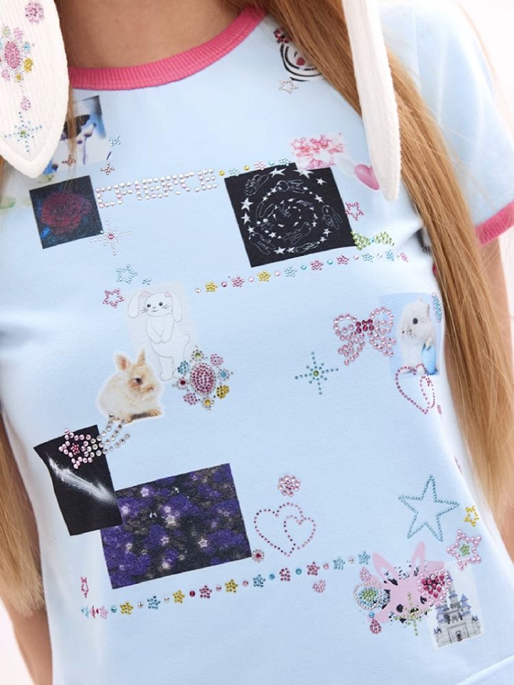 Sticker Printed Rhinestone T-Shirt【s0000011794】