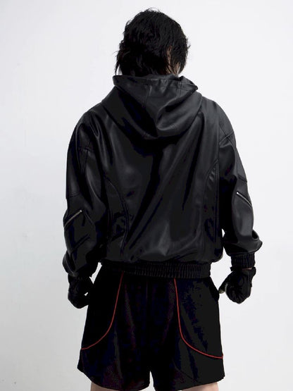 PU Leather Black Hooded Sweatshirt【s0000011348】