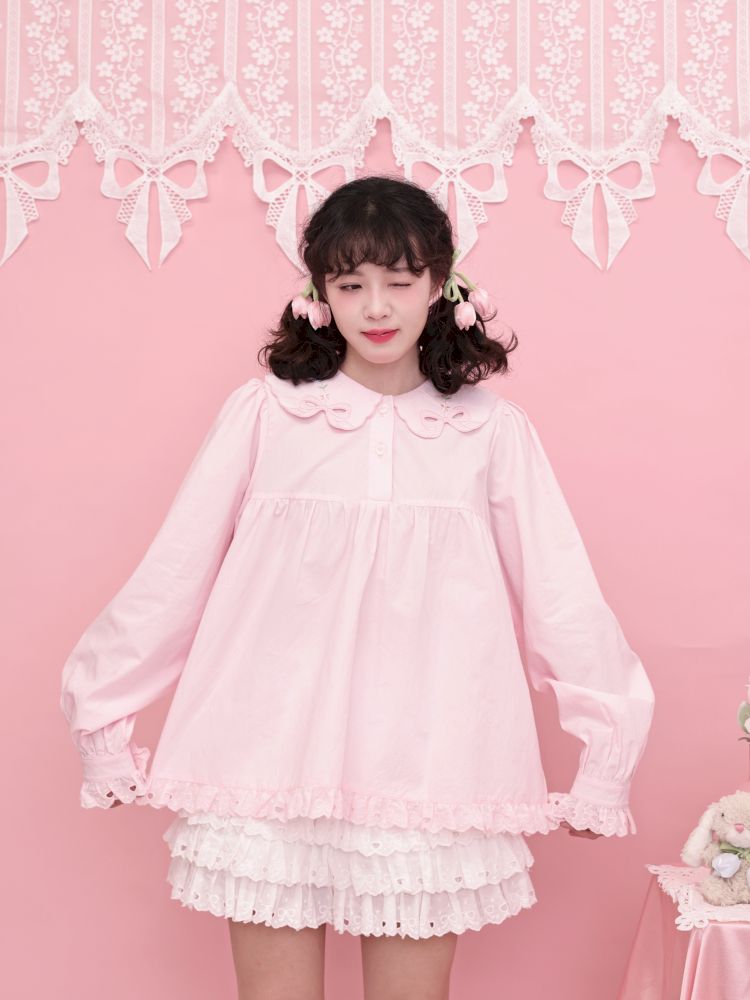 Doll Collar Zipper Neck Pink Lace Blouse【s0000013492】