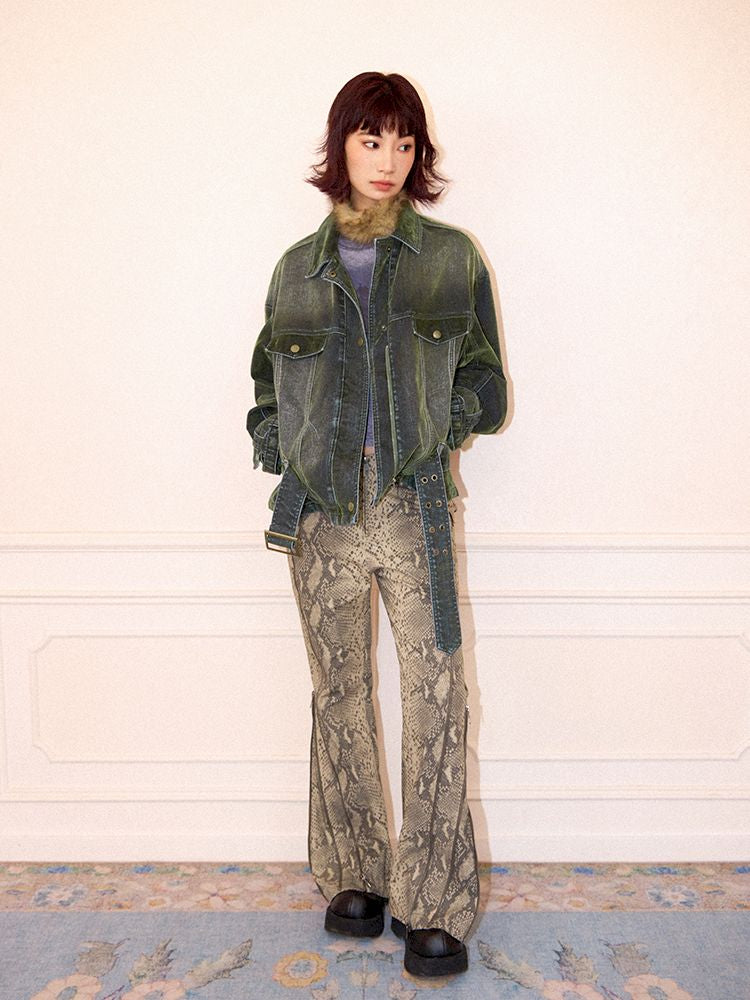 Loose Green Flocked Denim Jacket【s0000011638】
