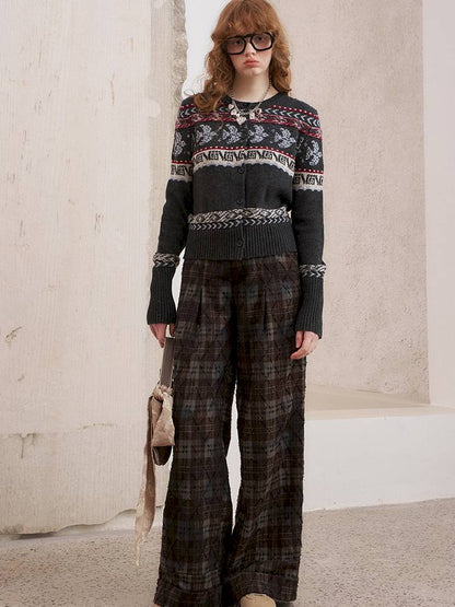 Textured straight leg loose plaid trousers【s0000014384】