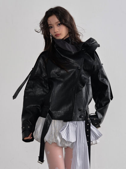 Ruffle Stand Collar PU Leather Jacket【s0000015696】