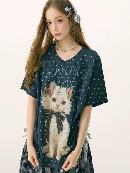 Loose Polka Dot Cat Print T-Shirt【s0000016856】