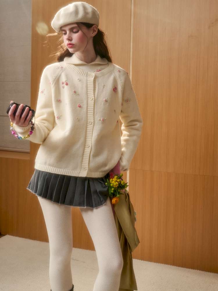 Wool Hand-Embroidered Flower Sweater Cardigan【s0000014891】