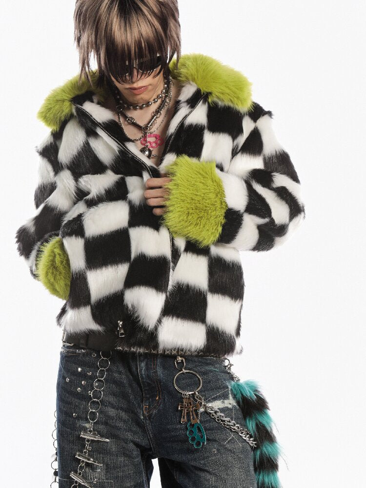Checkerboard Patchwork Faux Coat【s0000019278】
