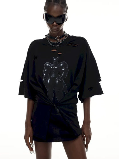 Cat Print Distressed T-Shirt with Drawstring Waist【s0000014018】