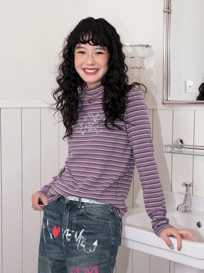 Retro Striped Embroidered Long-Sleeve T-Shirt【s0000013997】