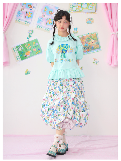 Bubble Sleeve Short Colourful Printed T-Shirt【s0000009542】