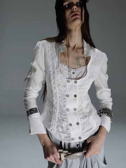 Vintage Lace Stitched Square Neck Shirt【s0000015910】