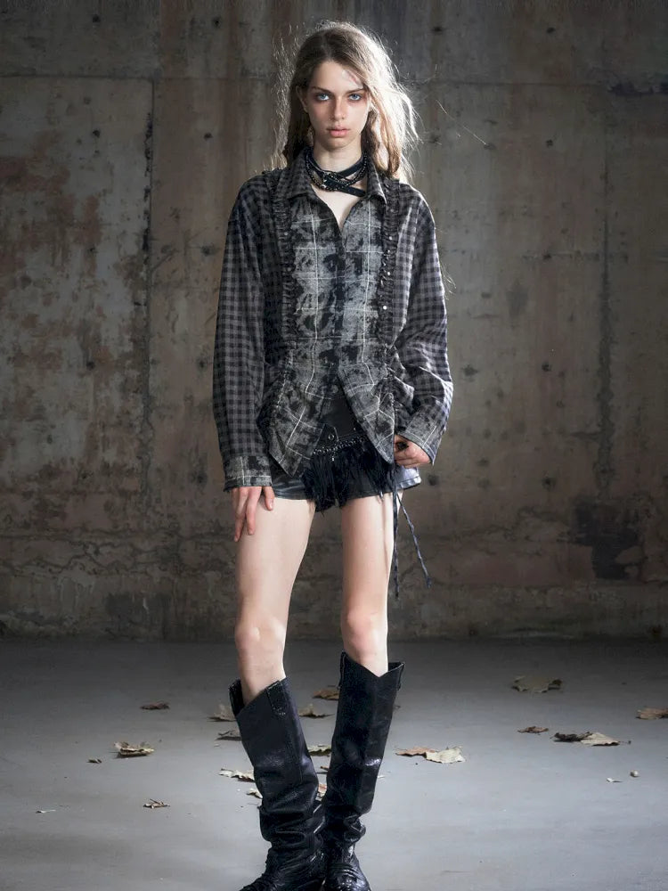 Drawstring Black-Gray Checkered Shir【s0000013959】