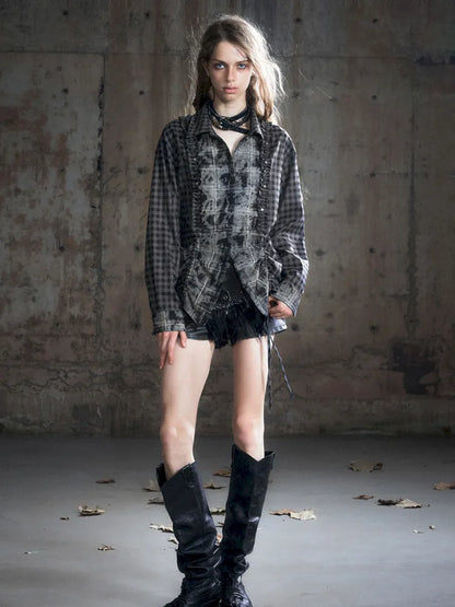 Drawstring Black-Gray Checkered Shir【s0000013959】