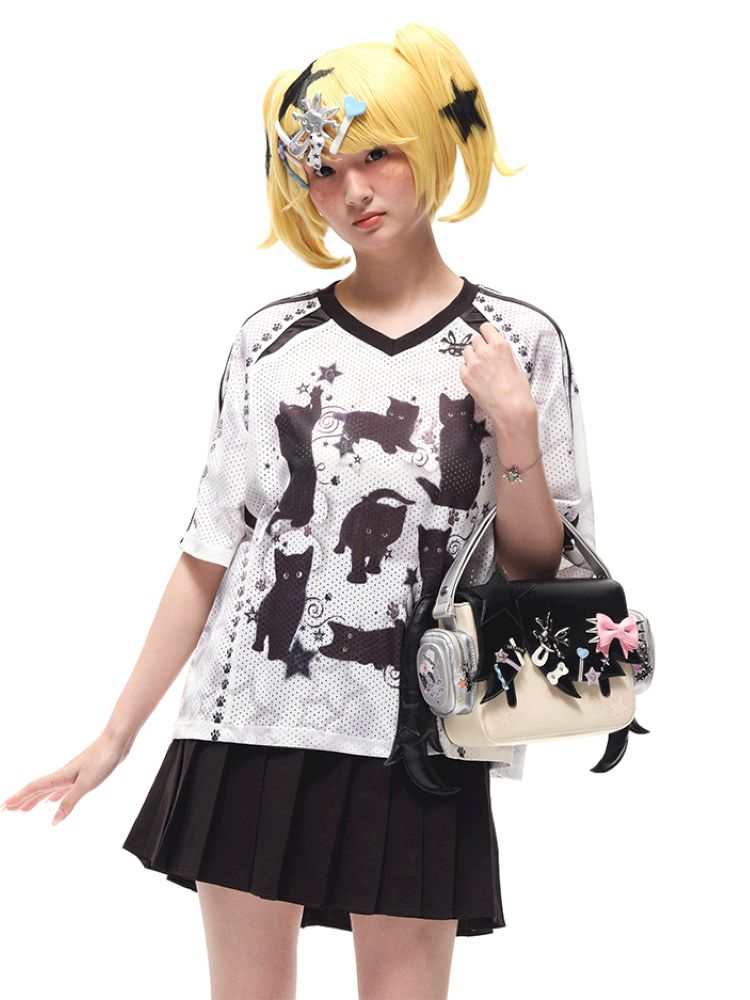 Black cat print shoulder sleeve t-shirt【s0000012586】