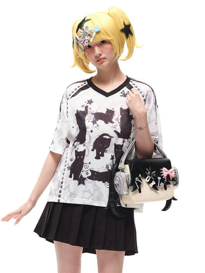 Black cat print shoulder sleeve t-shirt【s0000012586】