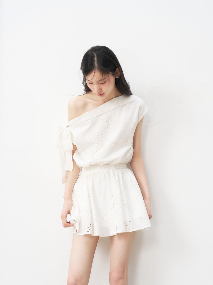 French Hollow Flower Slant Shoulder Dress【s0000013236】