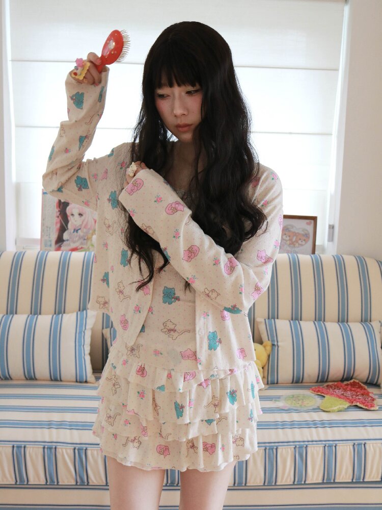 Cat Rose Print Cardigan Camisole Set【s0000017509】