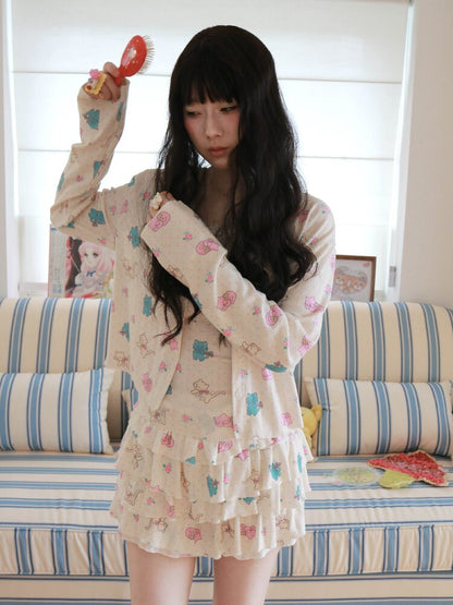 Cat Rose Print Cardigan Camisole Set【s0000017509】